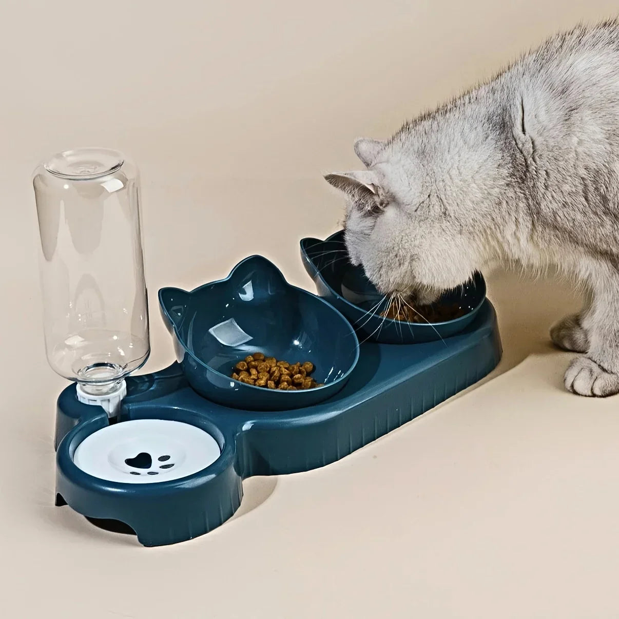 Pet Bowls With Water Feeder, 3 In 1 Ear Design Tilted Cat Water And Food Bowl Set With Gravity Water Bottle For Neck Protection